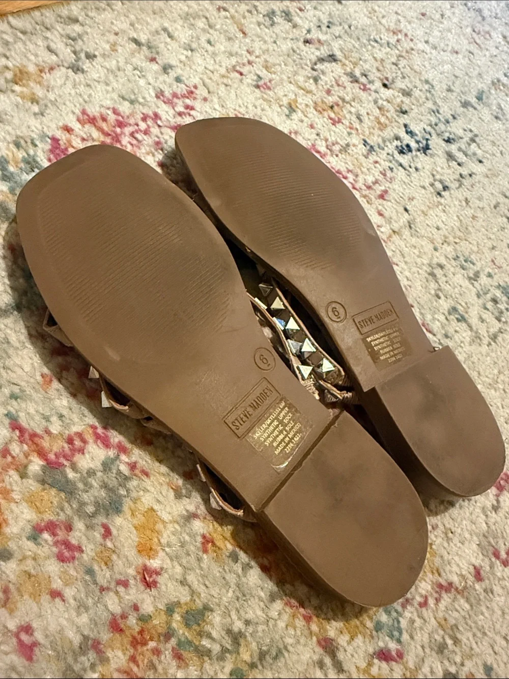 Hardly Worn Steve Madden Tan Studded Triple-Strap Slide Sandals - Picture 5 of 7